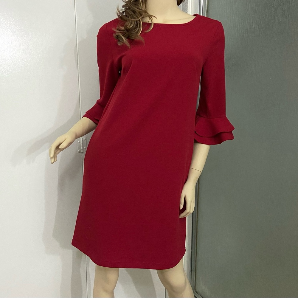 exc First Love pockets boat neckline sheath dress comfy stretch 3/4 long sleeves